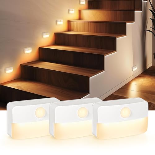 Guankai 3 Pack Motion Sensor Stair Light for Indoor, Battery Operated Closet Lights, Wireless Stick on Anywhere Hallway Lamp, Portable Led Night Lamps for Bedroom Under Cabinet Kitchen - color: White - Battery Powered, size: 3 Pack