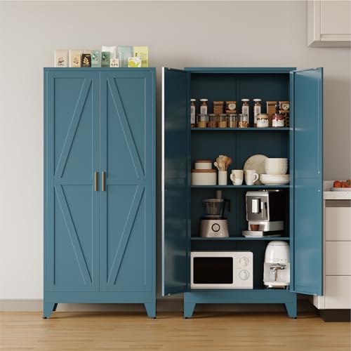 COFaR Metal Pantry Cabinet with Doors, Farmhouse 61'' Tall Storage Cabinet with 3 Adjustable Shelves, Kitchen Pantry Cabinet for Dinning Room, Laundry, Peacock Blue 4-Tier - color: Peacock Blue, size: 13.78''D ×27.56''W × 61.02''H-L06