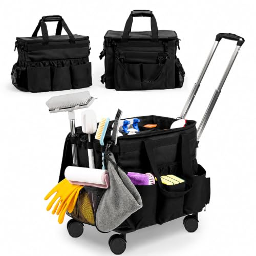 Rolling Cleaning Caddy Bag w/Detachable Trolley & Lid (Black) - color: Black