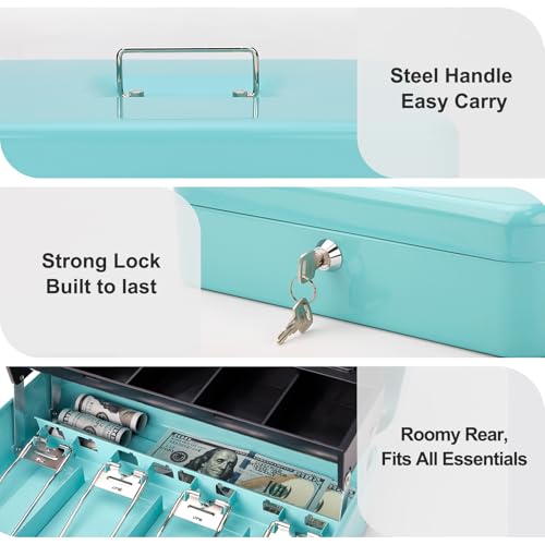 Cash Box with Key Lock & Auto-Pop Coin Tray – Secure Steel Money Box with 4 Upgraded Finger-Safe Bill Clips, Premium Smooth Scratch-Resistant Coating, 11.8"L x 9.5"W x 3.5"H, KL Teal - color: KL Teal
