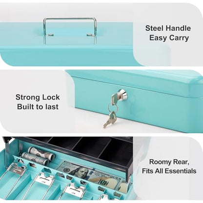 Cash Box with Key Lock & Auto-Pop Coin Tray – Secure Steel Money Box with 4 Upgraded Finger-Safe Bill Clips, Premium Smooth Scratch-Resistant Coating, 11.8"L x 9.5"W x 3.5"H, KL Teal - color: KL Teal