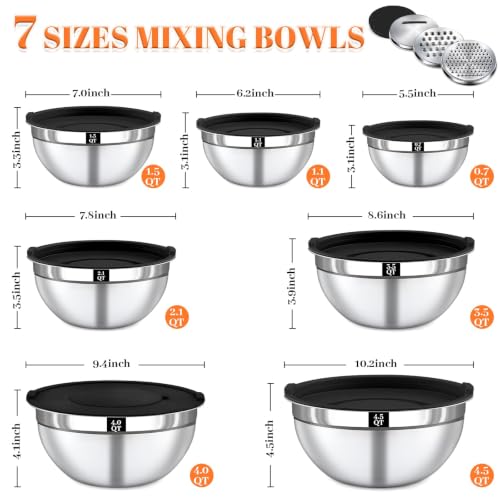 21PCS Mixing Bowls with Lids Set - 7 Nesting Mixing Bowls, 3 Graters, 11 Baking Tools, Lids, Stainless Steel Mixing Bowls for Mixing & Baking, Size 0.7/1.1/1.5/2.1/3.5/4/4.5 QT, Black - color: Mixing bowls 16Pcs Black-set
