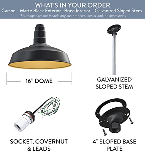 12" Sloped Stem Barn Light Pendant 16" Dome | Garage | Matte Black/Brass - color: Matte Black with Brass Interior, size: 12" Sloped Stem