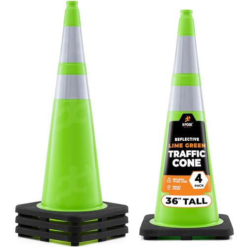 Xpose Safety 36” Lime Green Traffic Cone Dual 6" & 4" Reflective Collar – 4 Pack Multipurpose Premium PVC Safety Cone for Parking, Caution, Construction, Road Crews, Emergency Vehicle - DOT Approved - color: Lime, size: 36" 10lb. Cone