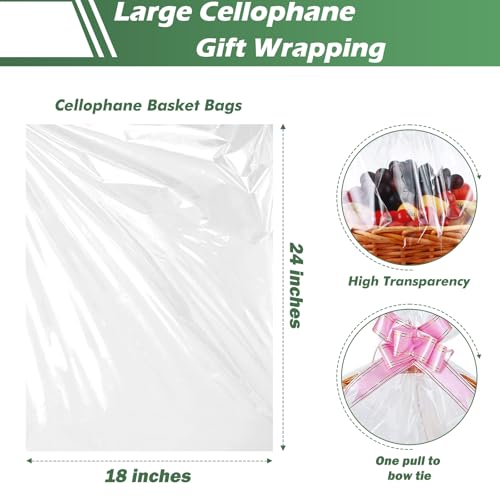 UltraOutlet 100 Packs Large Cellophane Bags 18" x 24" Clear Cellophane Gift Basket Wraps 2.3 Mil Thick Clear Cello Bags for Fruit Basket, Gift Wrap, Treats, Arts and Crafts, 100ct Ribbon Bows - color: Clear/pink, size: 1 Count (Pack of 100)