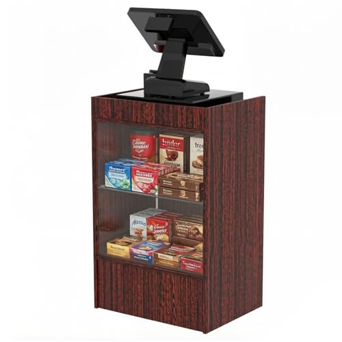 24”W * 18”D * 38”H - Walnut Retail Cash Register Stand Cash Wrap Checkout Desk Portable Counter Podium Stand with Drawer & Glass Shelving Case for Retail Store, Meetings Reception & Church