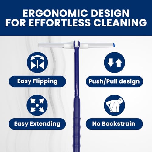 Extendable Shower Squeegee with 180-Degree Rotating Blade for Push/Pull Use – Ergonomic Cleaning Tool for Showers, Glass Doors, and Windows – 16'' to 28'' Handle for Strain-Free Cleaning