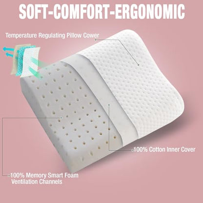 alkamto Travel & Camping Comfortable Memory Foam Pillow – Easy to Carry Portable Bag – Temperature Regulating Pillow Case - size: 13.7 x 11.8 x 3.9 / 3.14 In - Pink + Extra Cover