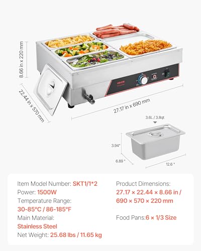 VEVOR Commercial Food Warmer, 1500W Electric Stainless Steel Steam Food Warming with Lid, 6-Pan Fast Heating Countertop Buffet Bain Marie with Power Cord, for Catering, Restaurant, Party & Buffets - size: 6*1/3Pan