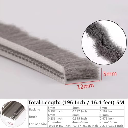 5m (16feet) Brush Weather Striping Card-Slot Seal Strip Pile Weatherstrip Door Sweep Brush for Door Window (5mm x 12mm (3/16" 1/2"), Gray) - size: 5mm x 12mm