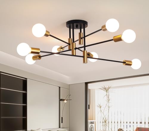 Garwarm 8-Light Black and Gold Sputnik Ceiling Light,Mid Century Semi Flush Mount Sputnik Chandelier Industrial Ceiling Lamp for Kitchen Dining Room Bedroom Foyer Entryway Hallway - color: 8-Lights,Black and Gold-2