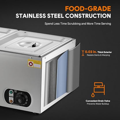 WILPREP Commercial Food Warmer with Two 1/2 Pans, 1500W Countertop Electric Steam Table, 86-185°F Adjustable Temp Control & Over-Temp Protection, Stainless Steel Buffet Bain Marie - size: 1/2 pan*2