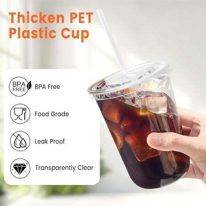 100 Pack 16 oz Plastic Coffee Cups with Lids and Straws