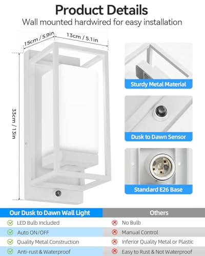 RAYVO Dusk to Dawn Outdoor Wall Lights 2 Pack, LED Bulb Included, E26 Base - color: White