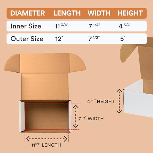 BOX USA 12" Deluxe Shipping Boxes, 12"L x 7 1/2"W x 5"H, 25-Pack - White Box Mailers for Packaging, Storage, Gifts or Bulk Business Orders - size: 12 x 7 1/2 x 5" 25-Pack