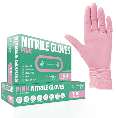 SF ColorTouch Pink Nitrile Gloves 4 Mil – 100 Latex Free Powder Free Gloves for Nail Techs & Salon Use - size: Small