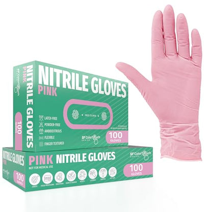 SF ColorTouch Pink Nitrile Gloves 4 Mil – 100 Latex Free Powder Free Gloves for Nail Techs & Salon Use - size: Large