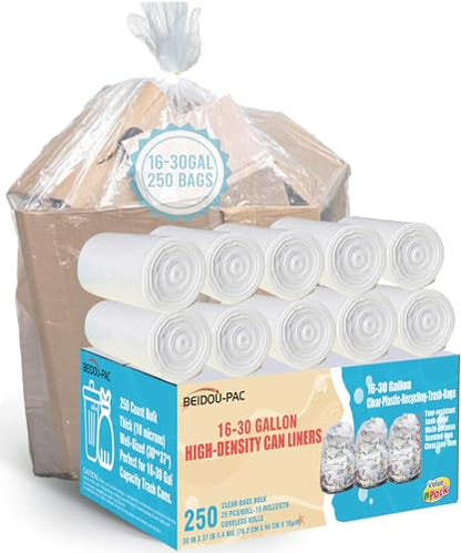 BEIDOU-PAC 16-18-20-30 Gallon Trash Bags, 250 Count Bulk, Clear Plastic Recycling Bags, Multi-purpose Garbage Bags Can Liners for Business Home Kitchen Commercial and Industrial - style: 16-30 Gallon |250 Count