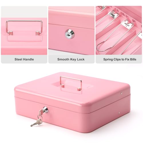 Cash Box with Key Lock & Foam Auto-Pop Coin Tray – Secure Steel Money Box with 4 Upgraded Finger-Safe Bill Clips, Premium Smooth Scratch-Resistant Coating, 11.8"L x 9.5"W x 3.5"H, KL Pink - color: KL Pink