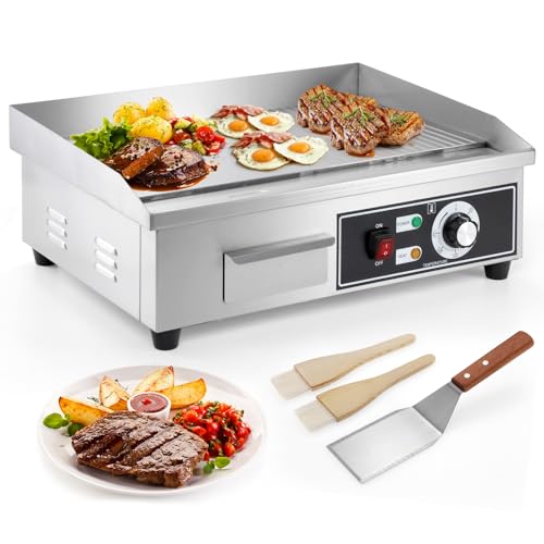 IRONWALLS Electric Griddle Nonstick 22 Inch, Stainless Steel Commercial Griddle for Indoor & Outdoor, 2-IN-1 Half Flat Top Griddle Grill for Restaurant & Home, 122℉-572℉ Adjustable Temperature - color: Silver, size: 22 Inch(Half Flat Half Grooved)