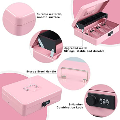 xydled Cash Box with Combination Lock, Metal Money Safe Storage Box, Pink - color: Pink Combination Lock