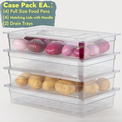CURTA 4-Pack Full Size 4" Deep NSF Polycarbonate Food Pans with Handled Lids & Drain Trays | Dishwasher & Freezer Safe Clear Container for Prep Tables, Buffet, Salad Bar, Commercial & Home Kitchen - color: Full Size, size: 4" Deep Pan with Lid