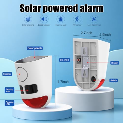 Solar Motion Sensor Alarm with Strobe Light, 130dB Outdoor Security Alarm System, 13 Alarm Sounds with Remote Control, Solar Powered, Waterproof PIR Motion Detector for Farm Yard Garden Orchard.1PCS
