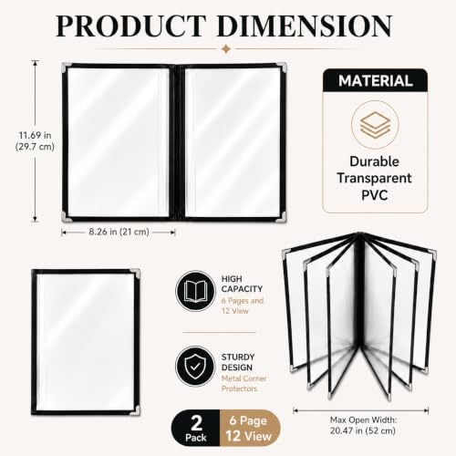 WOPPLXY 2 Pack Menu Covers, 8.5" x 11" Transparent Menu Covers, 6 Page 12 View Restaurant Menu Covers Menu Books Holder Fits A4 Size Paper, Menu Folder Menu Sleeves for Restaurant Bar Cafe