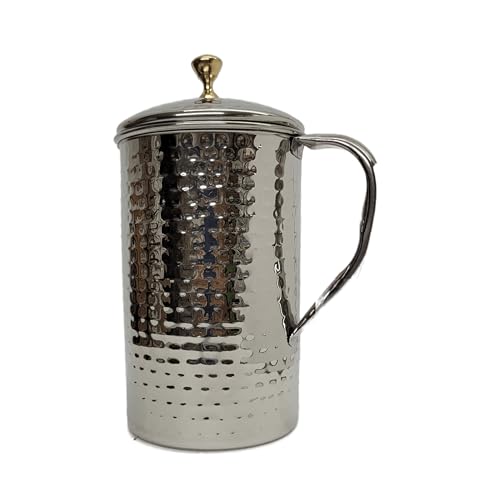 Large Half Gallon / 2.2 Liters / 74 Fl Oz Stainless Steel Pitcher Jug Carafe with Lid Classic Minimalist Designs Leakproof All Beverages by American Ayurveda (Stainless Steel Hammered)