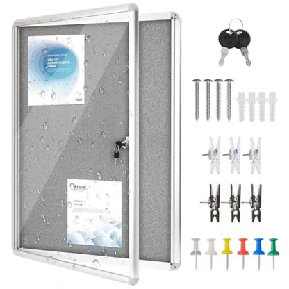38"x28" Enclosed Bulletin Board Tamper-Proof Dispaly Case, Grey Fabric - color: Silver Frame / Grey Felt, size: 38" x 28"