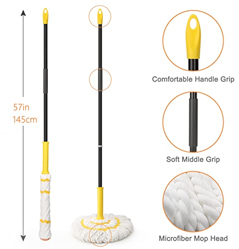 Self-Wringing Twist Mop, Microfiber Mop for Floor Cleaning, 57" Long Handle - color: Yellow (1 Handle & 1 Mop Head)