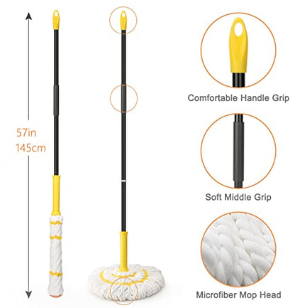 Self-Wringing Twist Mop, Microfiber Mop for Floor Cleaning, 57" Long Handle - color: Yellow (1 Handle & 1 Mop Head)