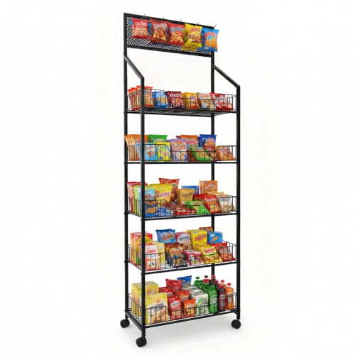 5 Tier Snack Rack Display Stand, Chip Rack Display Stand with Wheels