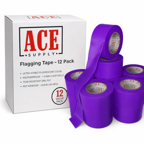 ACE Supply Purple Flagging Tape 12 Pack - Non-Adhesive Survey Tape - 1-3/16 Inch Width, 150 Ft Length, 2 Mil - Tree Marking Ribbon, Surveyors Ribbon - color: Purple, size: 12 Pack
