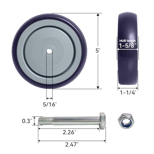 5" Wheels for Cart, 5/16" Axle Shopping Cart Wheels Replacement, Set of 4 Rubber Caster Wheels for Supermarket Grocery Retail Stores (4 Wheel,Purple) - style: Purple (5/16'' Bore)