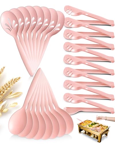 Reusable Plastic Serving Utensils Set of 24, Wheat straw Large Serving set 10" Serving Spoons/10" Slotted Spoons/9.4" Tongs, for Party Buffet Catering (Pink, Not for Cooking) - color: Pink, size: 24 pcs