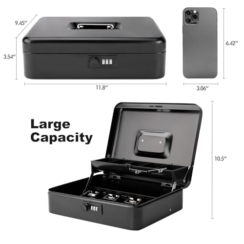 Cash Box with Combination Lock & Foam Auto-Pop Coin Tray – Secure Steel Money Box with 4 Upgraded Finger-Safe Bill Clips, Premium Smooth Scratch-Resistant Coating, 11.8", Combo Black - color: Combo Black