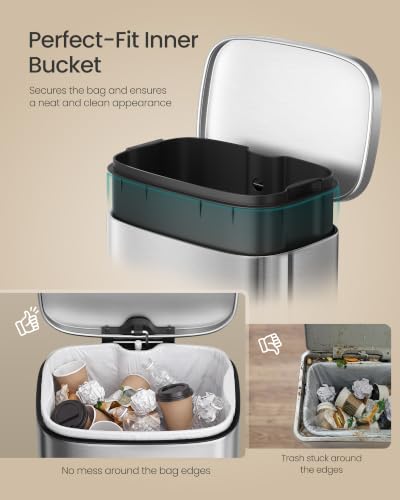 SONGMICS 3.2 Gallon (12 L) Trash Can, Stainless Steel, Step-On Pedal - color: Silver, size: 3.2 Gal.