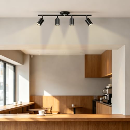 LED 4 Light Track Lighting Kit, 23.6" Black 4 Way Ceiling Spotlights Fixture, 3 CCT Adjustable, with Flexibly Rotatable Light Heads for Kitchen, Living Room, Bedroom, Includes 4 x GU10 Bulb - color: Black, size: 4