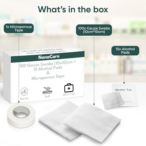 100pc 4x4 Gauze Swabs with 10 Alcohol prep Pads with 1pc Medical Tape