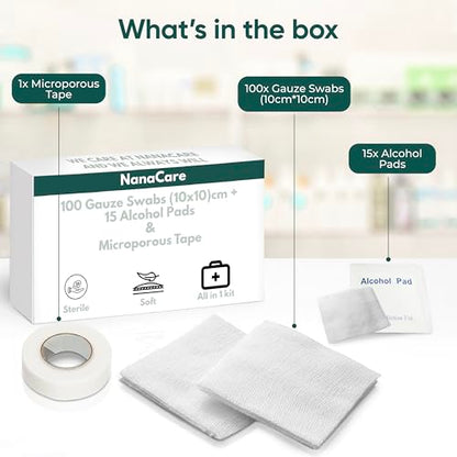 100pc 4x4 Gauze Swabs with 10 Alcohol prep Pads with 1pc Medical Tape