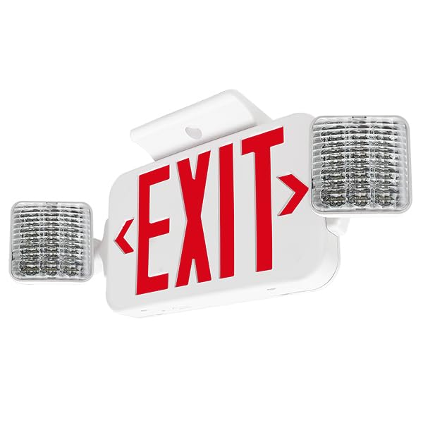 LFI Lights® Standard Combo UL 924 Exit Sign with Emergency Lights, Self Testing, Red LED, White, 120/277VAC, Battery Backup, Double Face & Knock Out Arrows, COMBO2RWST
