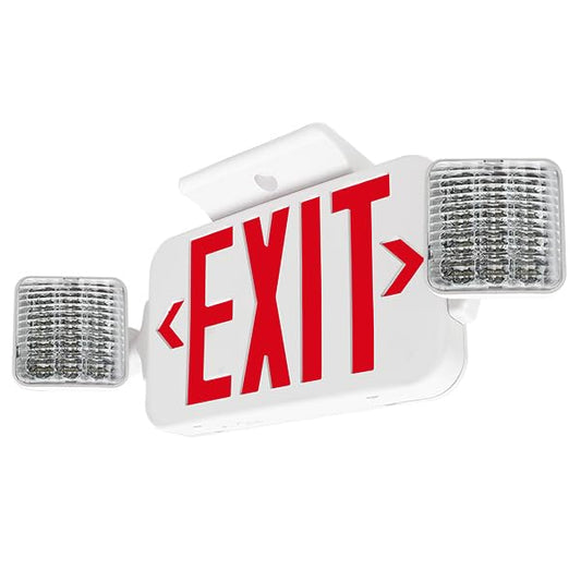 LFI Lights® Standard Combo UL 924 Exit Sign with Emergency Lights, Self Testing, Red LED, White, 120/277VAC, Battery Backup, Double Face & Knock Out Arrows, COMBO2RWST
