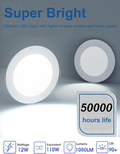 24 Pack 6 Inch Ultra-Thin LED Recessed Ceiling Light with Junction Box, 6000K Daylight celinglight 12W 110W Eqv, can lgihts,LED Downlight, 1050LM High Brightness (6000K-24PACK, 6 Inch) - size: 6 Inch-24Pack
