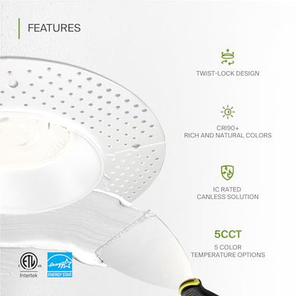 ASD 6 Inch Trimless LED Recessed Ceiling Light Fixture, Mud-in Canless Downlight with Junction Box, 5CCT Selectable 2700K-5000K, 24W 2075 Lumens, CRI90+, Anti-Glare, Dimmable, IC & Wet Rated, ETL - color: White 1 Pack, size: 6" 24 Watt