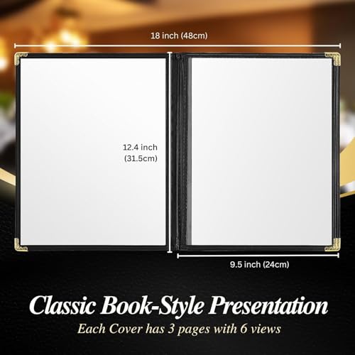 Flexzion Restaurant Menu Covers 8.5 x 11 Inch (12 Pack) - Book Style Bar Menu Holder with 3 Page 6 View - Transparent Clear Menu Book Covers with Gold Metal Corner for Restaurant, Hotel, Cafe - size: 12 Pack
