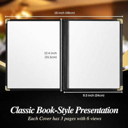 Flexzion Restaurant Menu Covers 8.5 x 11 Inch (12 Pack) - Book Style Bar Menu Holder with 3 Page 6 View - Transparent Clear Menu Book Covers with Gold Metal Corner for Restaurant, Hotel, Cafe - size: 12 Pack