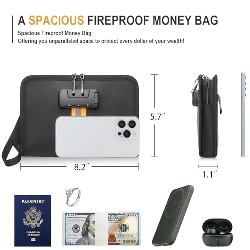 Fireproof Money Bag,Money Bag with Lock and Zipper,Safe Fireproof Waterproof,Suitable for Cash, Mobile Phones, Keys, Credit Cards - size: 8*1.1*5 inches