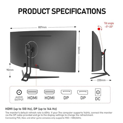 Gawfolk 34 Inch Ultrawide Curved 144Hz Gaming Monitor,UWQHD PC Screen