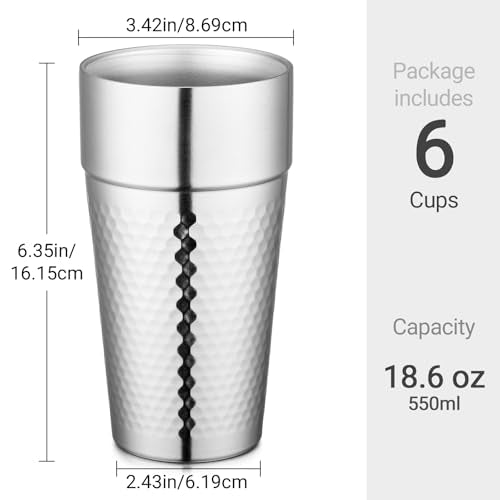 Beasea Stainless Steel Cups 19 oz, 6 Pack Large 18.6oz 550ml Stainless Steel Tumbler Stackable Double Wall Insulated Metal Drinking Glasses for Home Restaurant Office Party Camping - color: General with Honeycomb, style: 18.6oz 6pcs
